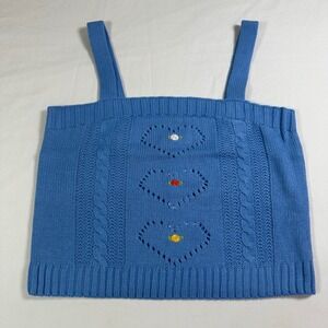 525 Born In BKLYN Waterfall Knit Tank Top‎ Embroidered Hearts Blue Sweater S NWT